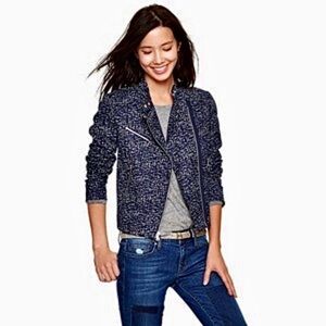 Gap Tweed Moto Navy Blue White Print Zipper Jacket